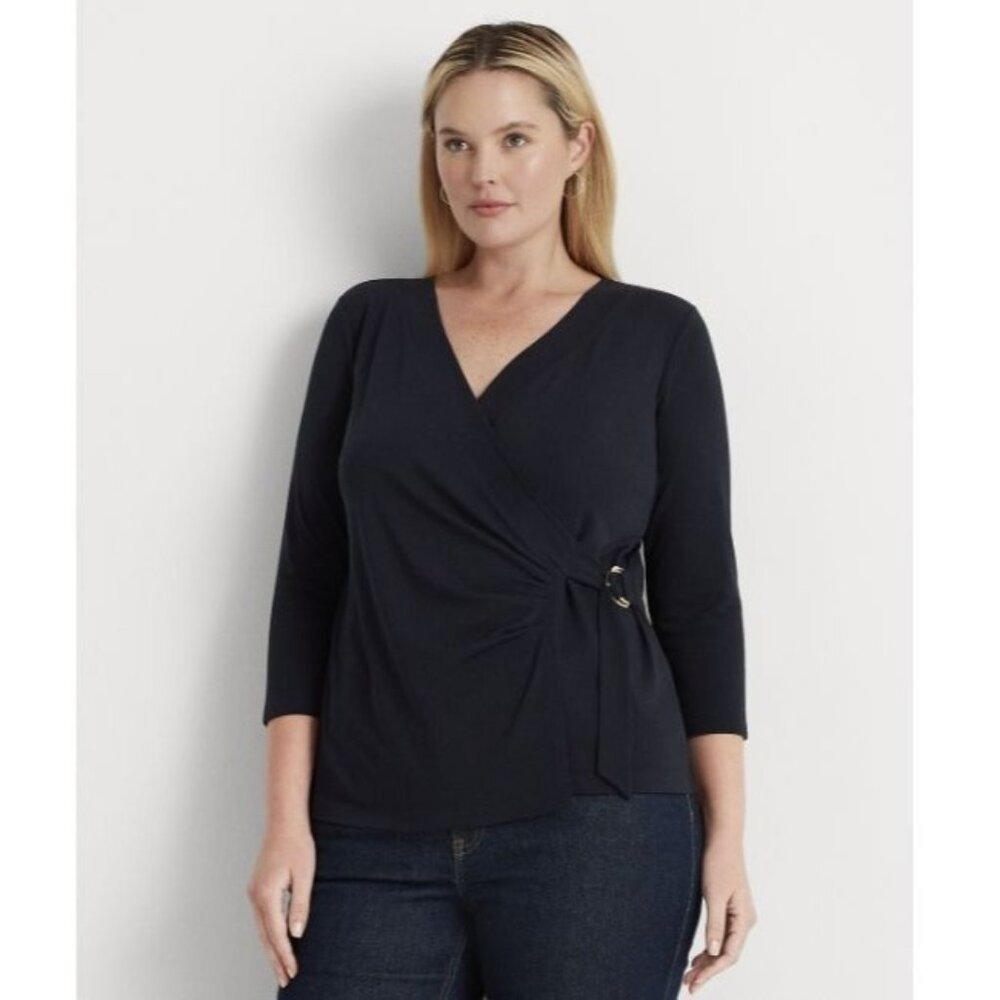 Lauren Ralph Lauren Plus Size Faux-Wrap Surplice Neck Top Navy Blue NWT - Picture 1 of 10